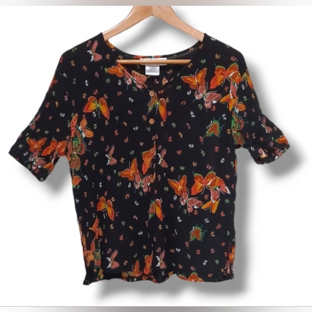 90s Butterfly Slinky Crepe Jacqueline Lauren Stretch Button Up Whimsygoth Blouse - Picture 15 of 16